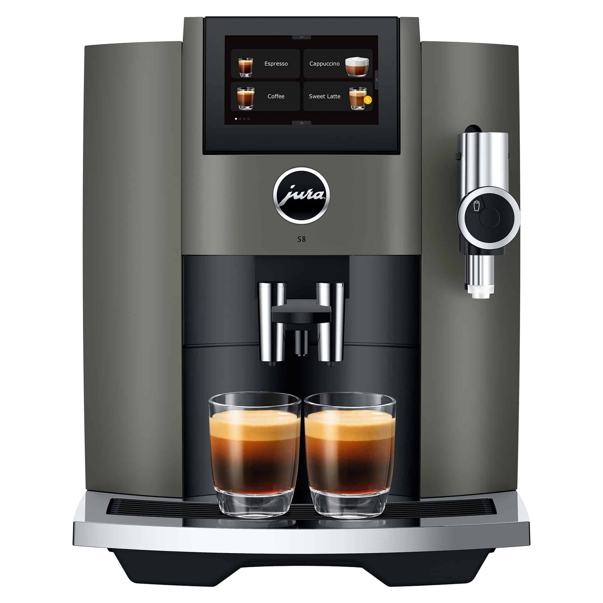 S8 Dark Inox zet twee kopjes espresso tegelijk