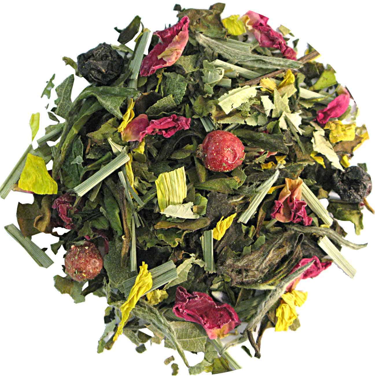 Gezonde theemelange met bloemen en fruit voor koffieliefhebbers en theeverzamelaars. Perfect voor genieten van natuurlijke smaak en aroma.