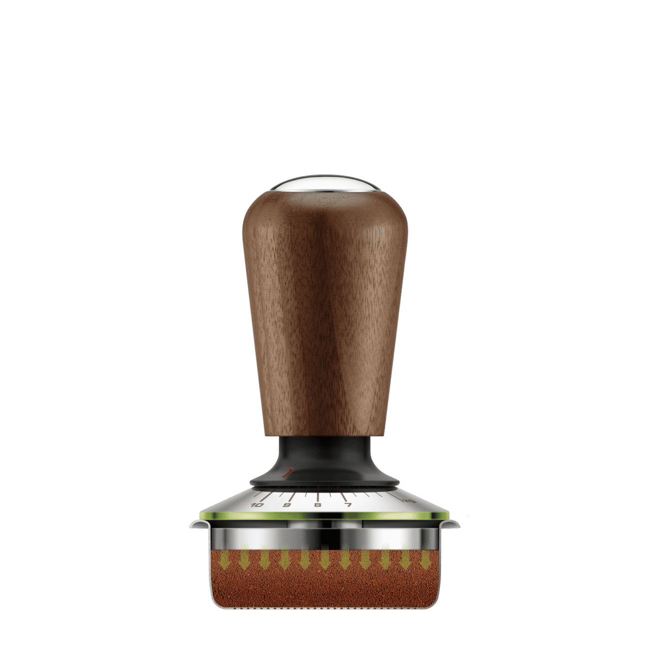 Zwarte en zilveren stempel met houten handvat voor koffie en thee, ideaal voor barista's en thuisgebruik, duurzame en professionele kwaliteit.