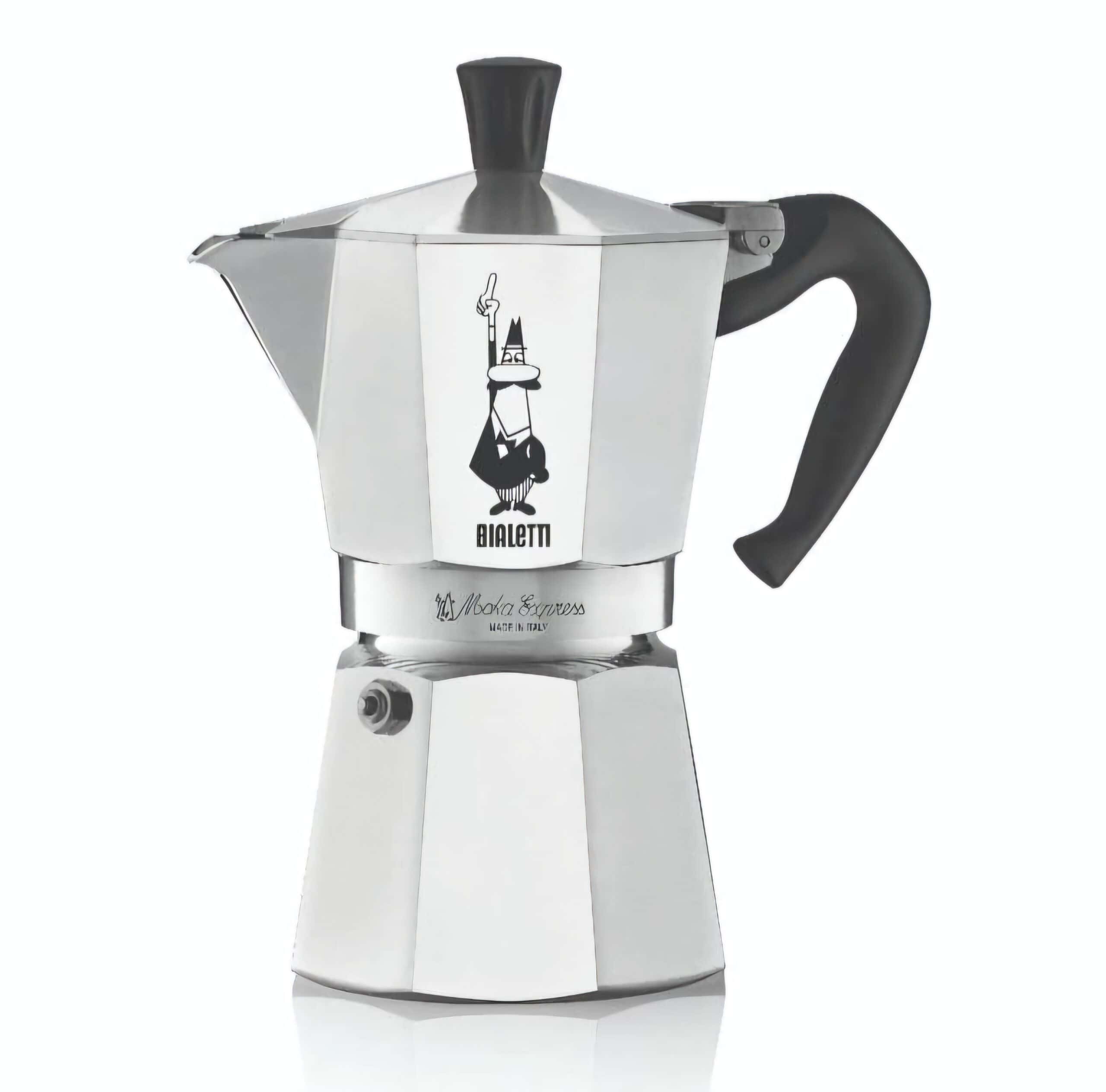 Vintage koffiezetapparaat met Bialetti-logo en cartoon figuur, perfect voor koffie- en keukenliefhebbers.
