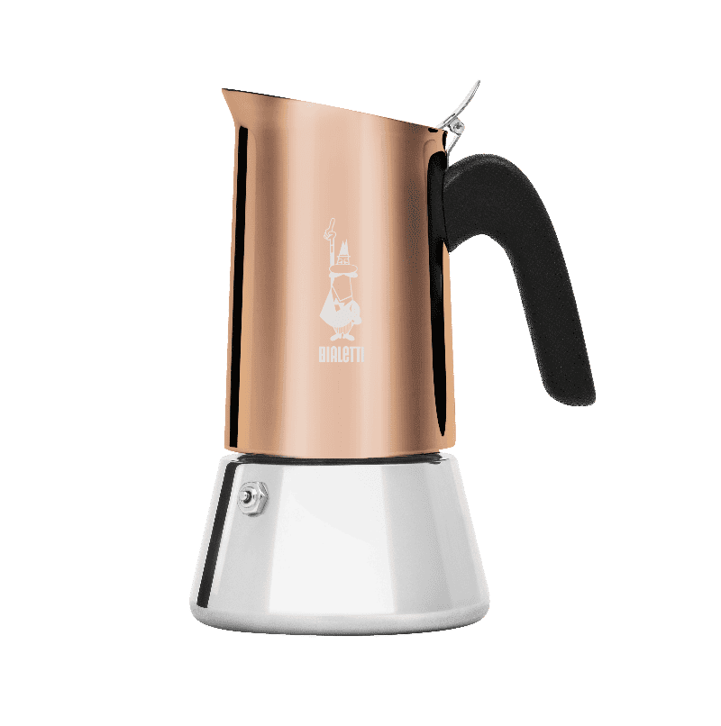 Stoomkoker met zwart handvat en gouden behuizing voor perfecte koffiezetten en barista-kwaliteitbranding.