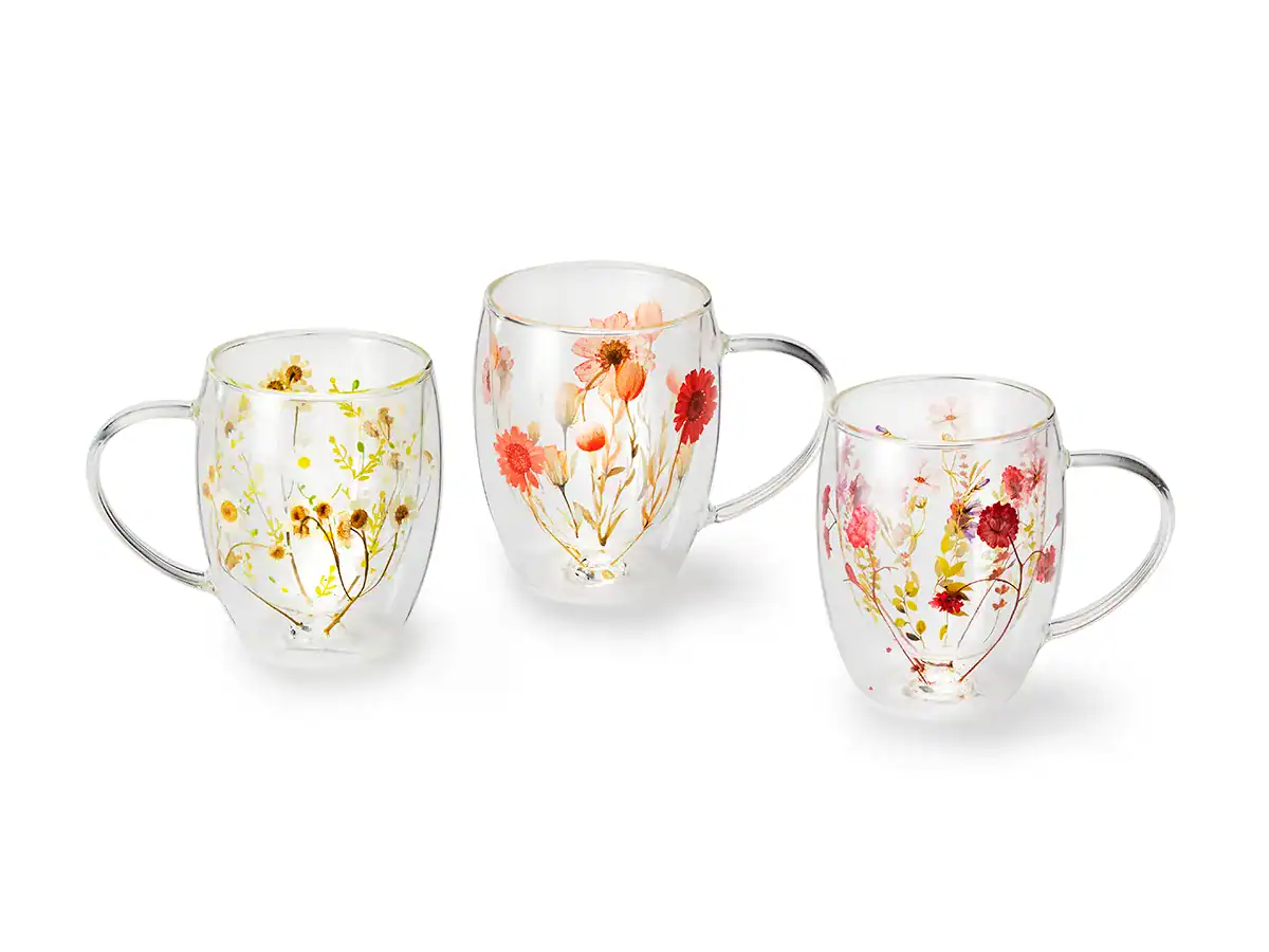 Dubbelwandig glas Elvina met oor en gedroogde bloemen in drie kleurvarianten